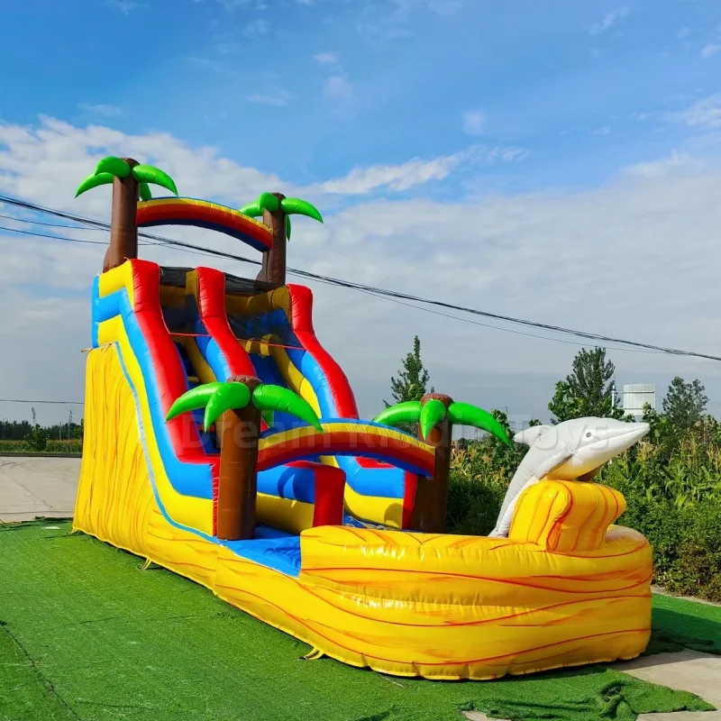 Water Slide Inflatable - Riesige tropische Delfin-Themen-Wasserrutsche mit Landepool –