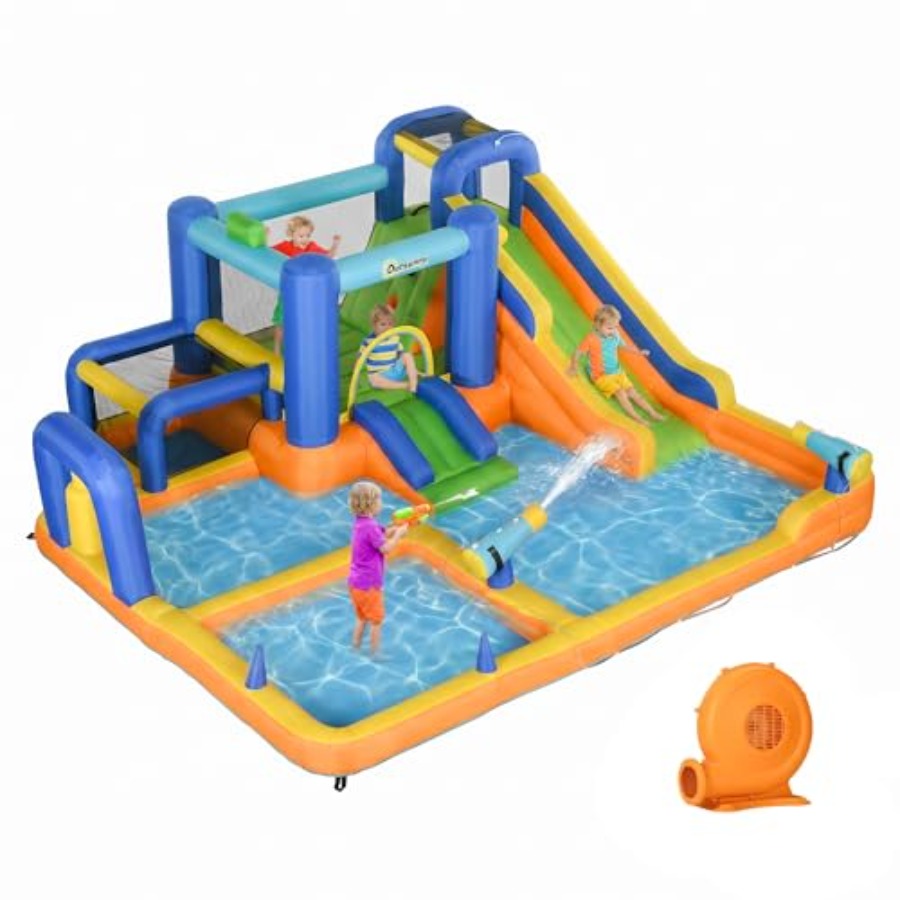 Water Slide Inflatable - Aufblasbare Wasserrutsche 7-in-1 Hüpfburg mit 450W