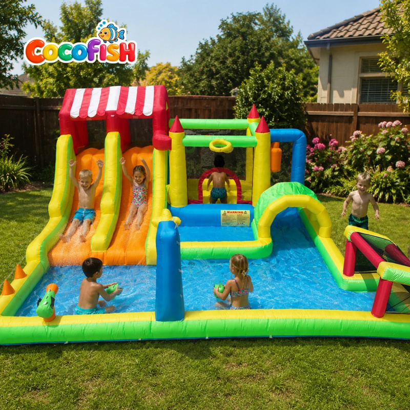 Water Slide Inflatable - Cocofish Hinterhof-Sommer-Wasserpark mit Karnevalsthema, Aufblasbare Hüpfburg